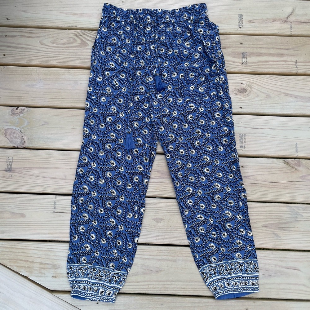 Blue Floral Print Boho Harem Pants Tassel Tie BOG Collective Medium Pockets
